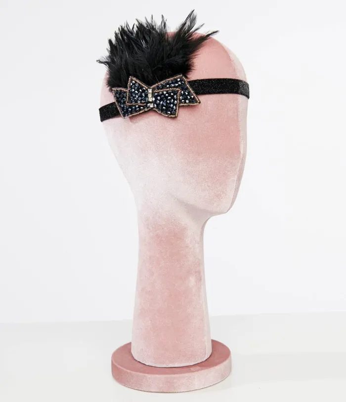 1920s Black Beaded Feather Flapper Headband Accessories Unique Vintage Headbands