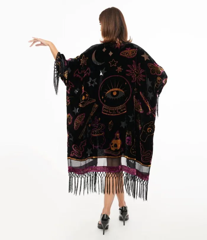 1920s Black Velvet Burnout Mystical Icons Fringe Kimono ClothingPlus Unique Vintage Jackets