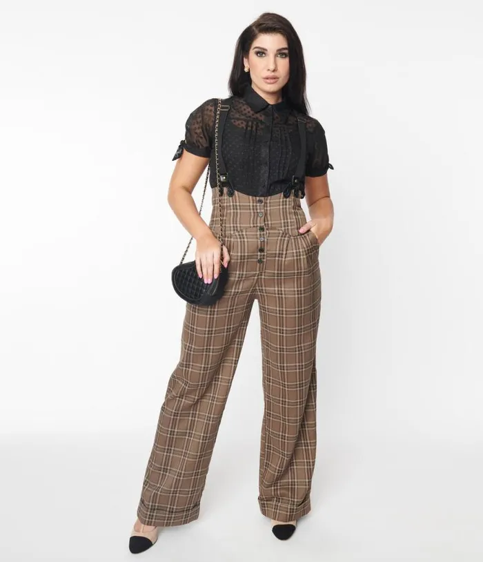 1930s Dark Beige Windowpane Thelma Suspender Pants Clothing Unique Vintage Pants
