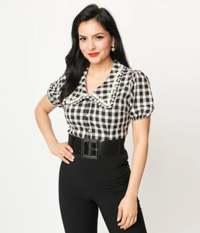 1930s White and Black Gingham Cotton Daisy Blouse Clothing Unique Vintage Blouses