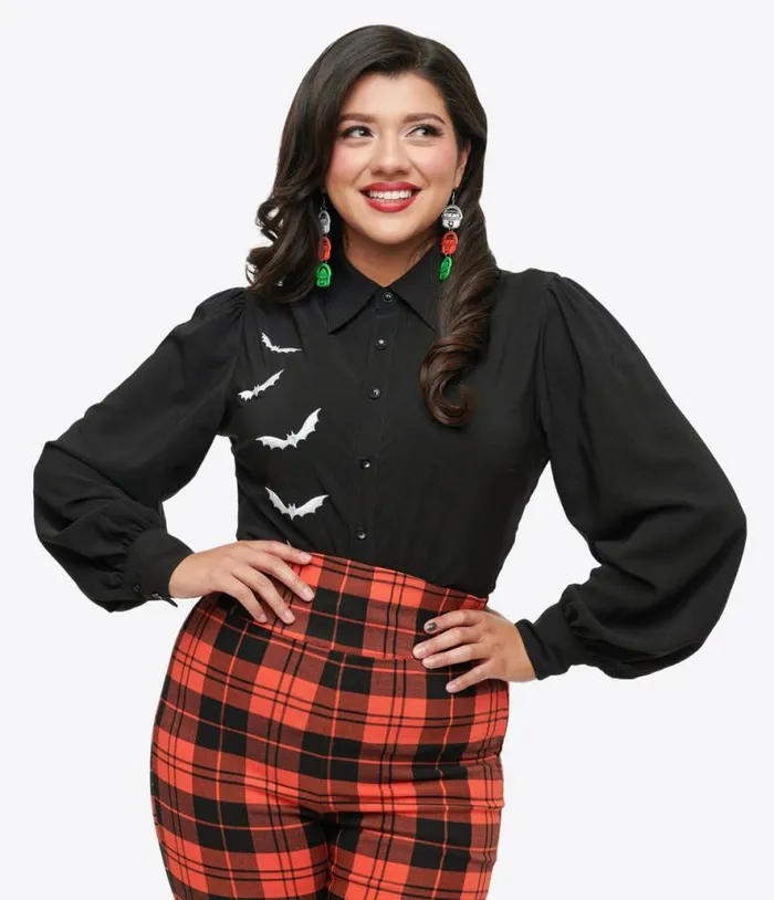 1950s Black and Silver Bat Button Up Blouse ClothingHalloween Unique Vintage Tops
