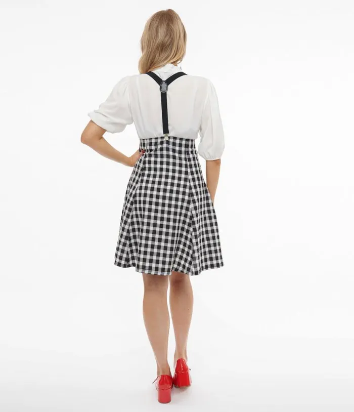 1950s Black and White Gingham Suspender Flare Skirt Clothing Unique Vintage Skirts