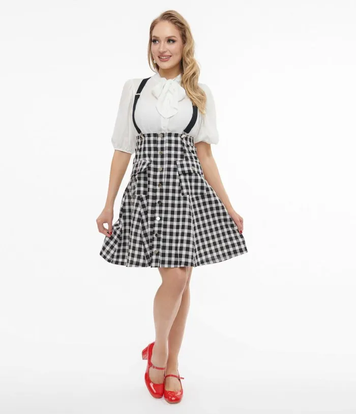 1950s Black and White Gingham Suspender Flare Skirt Clothing Unique Vintage Skirts