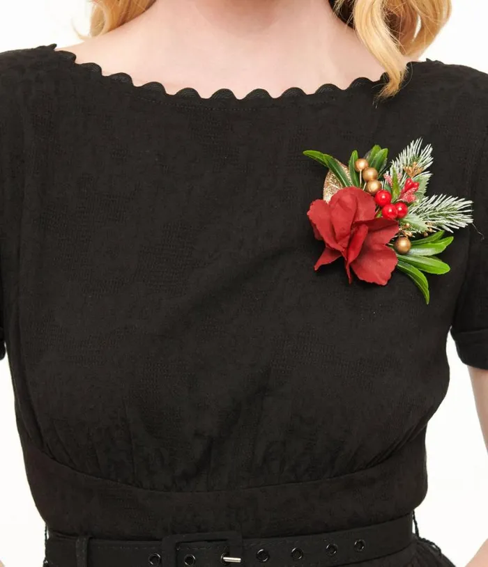 1950s Black Holiday Floral Pin Cotton Swing Dress Dresses Unique Vintage Swing