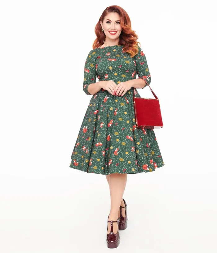 1950s Green Winter Fox Devon Swing Dress Dresses Unique Vintage Pocket Dresses