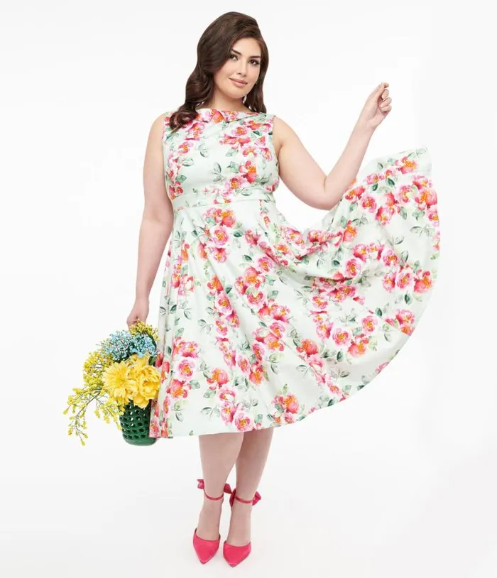 1950s Mint Green and Pink Floral Print Cotton Marissa Swing Dress DressesPlus Unique Vintage Pocket Dresses