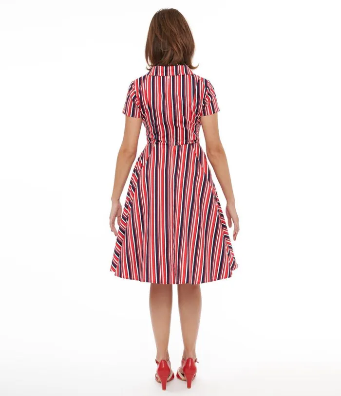 1950s Red and Navy Blue Striped Fit and Flare Dress DressesPlus Unique Vintage Pocket Dresses