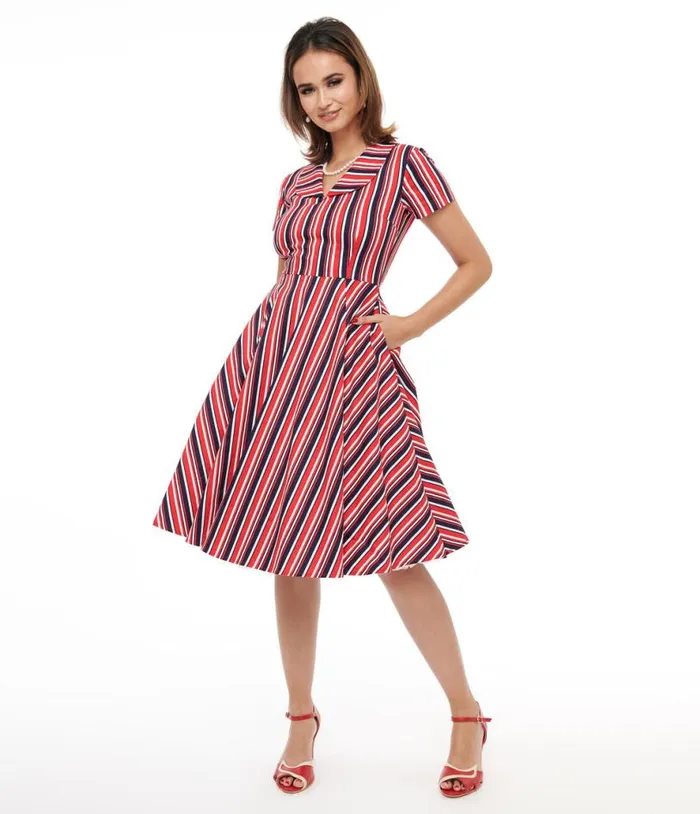 1950s Red and Navy Blue Striped Fit and Flare Dress DressesPlus Unique Vintage Pocket Dresses
