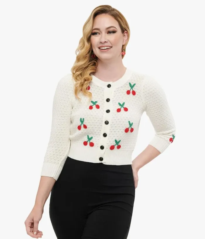 1950s Style Ivory Oatmeal and Cherries Crochet Button Up Cardigan Clothing Unique Vintage Sweaters and Cardigans