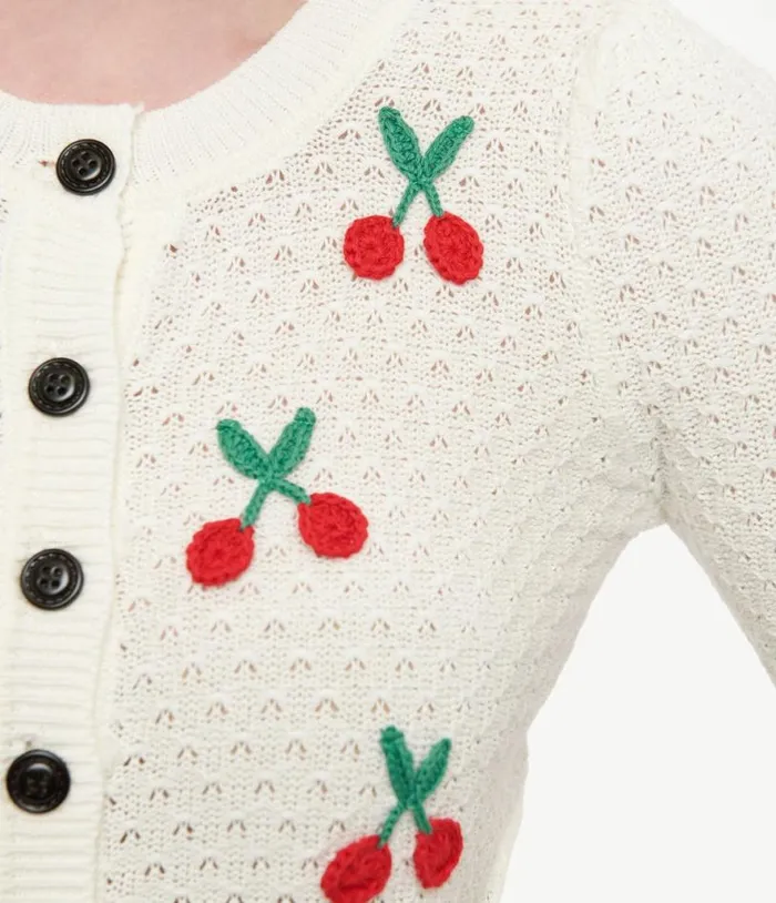 1950s Style Ivory Oatmeal and Cherries Crochet Button Up Cardigan Clothing Unique Vintage Sweaters and Cardigans