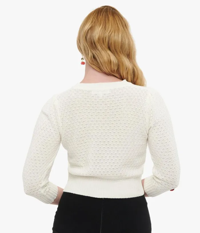 1950s Style Ivory Oatmeal and Cherries Crochet Button Up Cardigan Clothing Unique Vintage Sweaters and Cardigans
