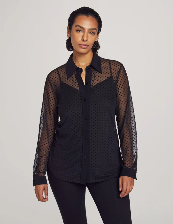 Anne Klein Mesh Long Sleeve Button Down Blouse Anne Black Women Clothing