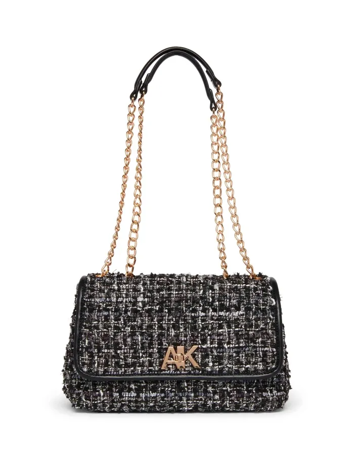 Anne Klein Quilted Tweed Convertible Flap Shoulder Bag With Turn Lock Black Multi Women Handbags