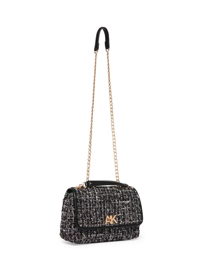 Anne Klein Quilted Tweed Convertible Flap Shoulder Bag With Turn Lock Black Multi Women Handbags