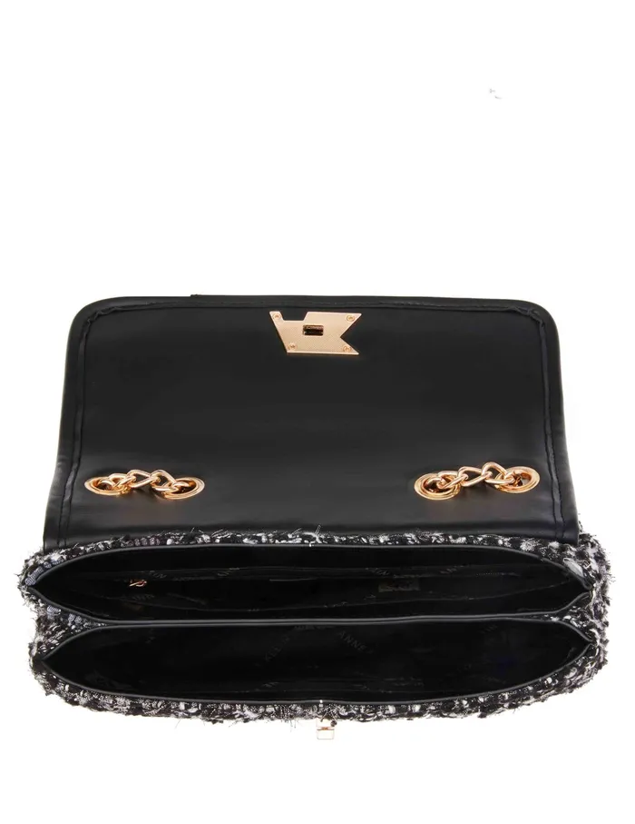 Anne Klein Quilted Tweed Convertible Flap Shoulder Bag With Turn Lock Black Multi Women Handbags