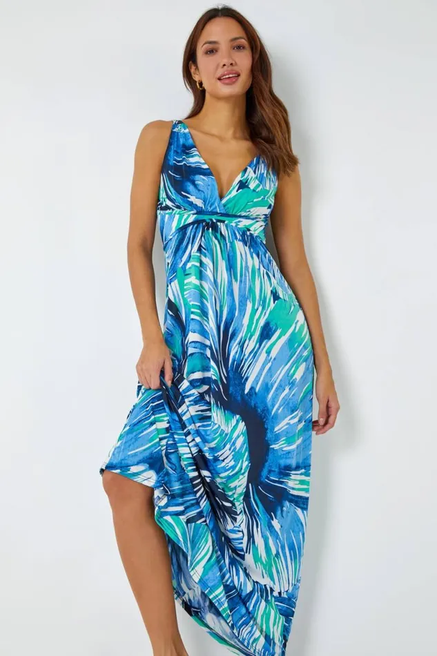 Aqua Abstract Print Maxi Stretch Dress Women Roman Dresses