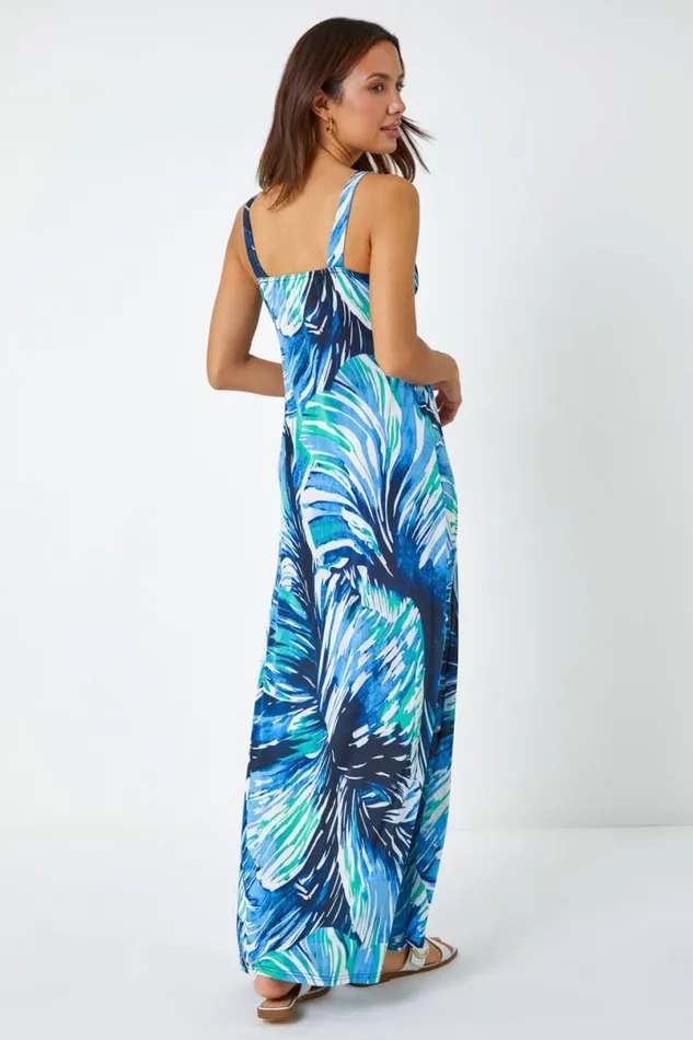 Aqua Abstract Print Maxi Stretch Dress Women Roman Dresses