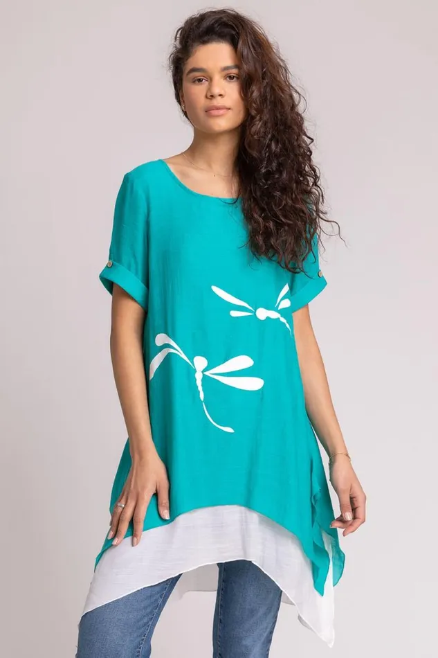 Aqua Dragonfly Print Asymmetric Tunic Top Women Roman Tops