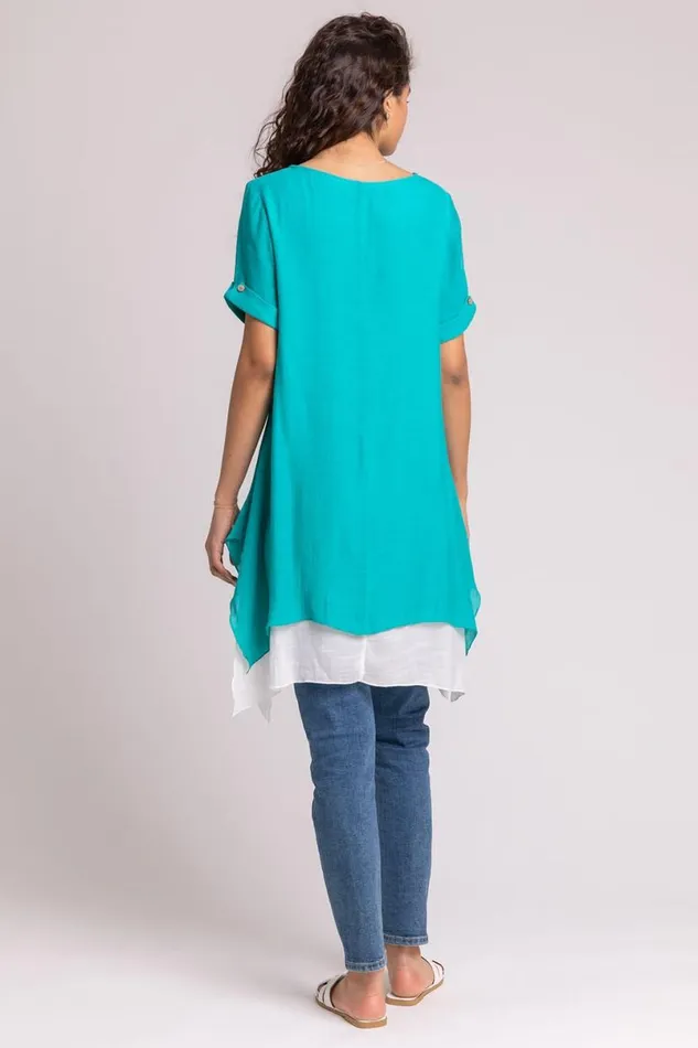 Aqua Dragonfly Print Asymmetric Tunic Top Women Roman Tops