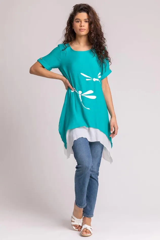 Aqua Dragonfly Print Asymmetric Tunic Top Women Roman Tops