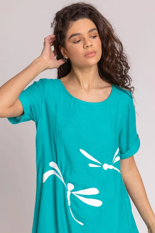 Aqua Dragonfly Print Asymmetric Tunic Top Women Roman Tops