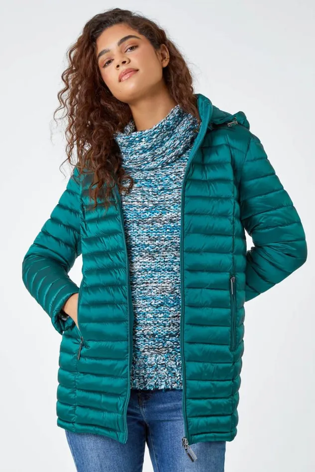 Aquamarine Longline Hooded Padded Coat Women Roman Coats