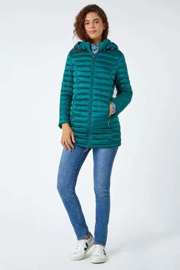 Aquamarine Longline Hooded Padded Coat Women Roman Coats