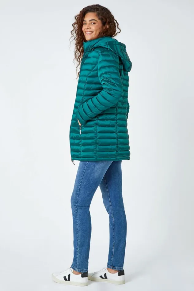 Aquamarine Longline Hooded Padded Coat Women Roman Coats