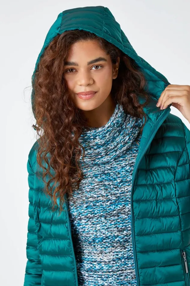 Aquamarine Longline Hooded Padded Coat Women Roman Coats