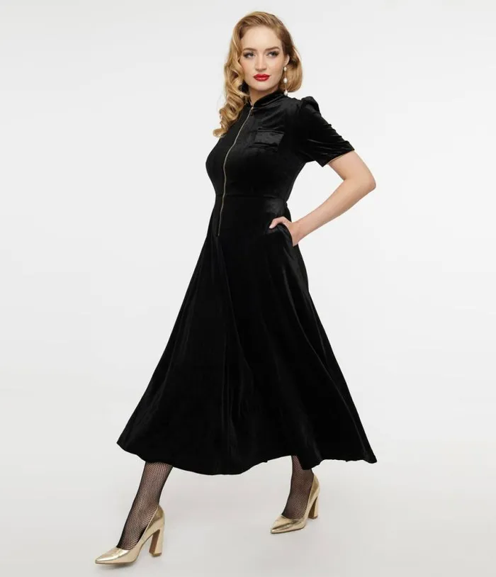 Audrey K Black Velvet Taboo Maxi Dress DressesPlus Unique Vintage Midi and Maxi