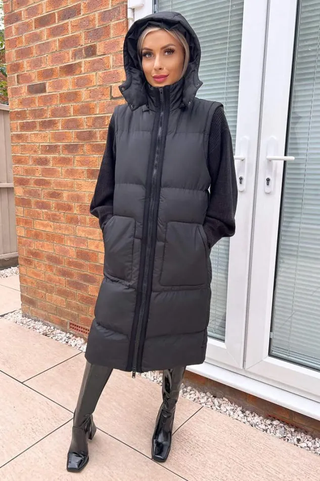 AX Paris Black 2 In 1 Puffer Coat With Detachable Sleeves Coats and Jackets