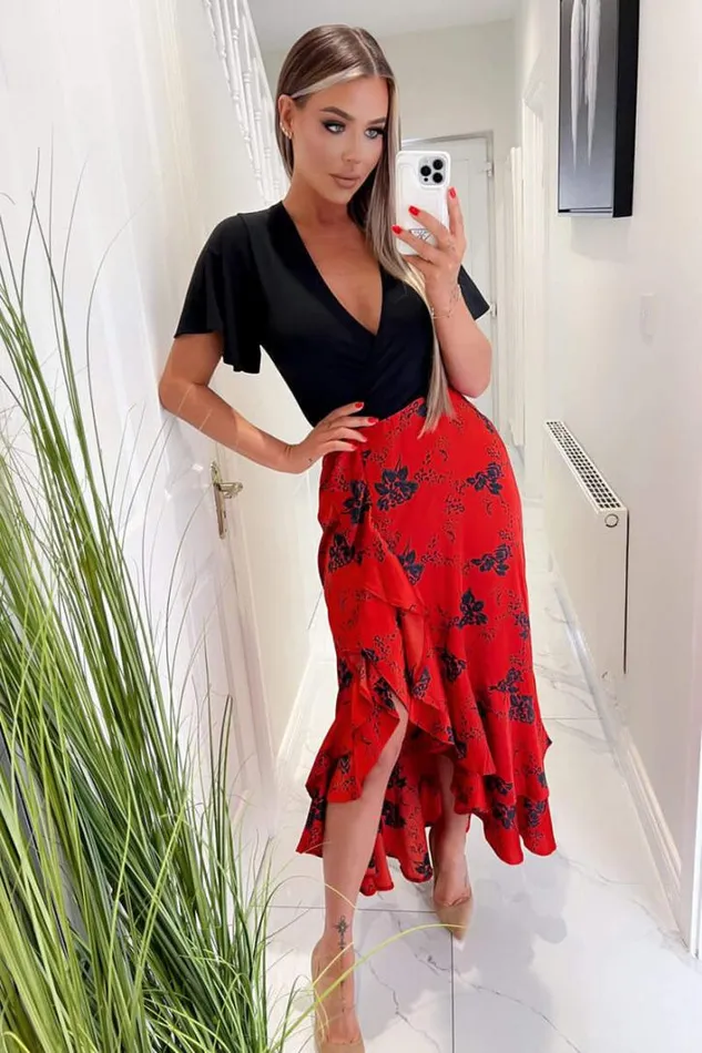 AX Paris Black And Red 2 In 1 Floral Printed Wrap Midi Dress Dresses
