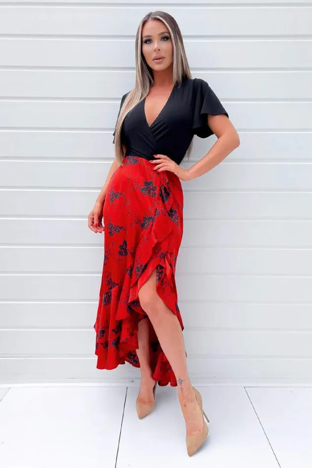 AX Paris Black And Red 2 In 1 Floral Printed Wrap Midi Dress Dresses