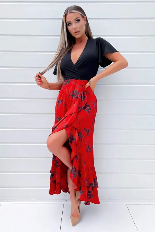 AX Paris Black And Red 2 In 1 Floral Printed Wrap Midi Dress Dresses