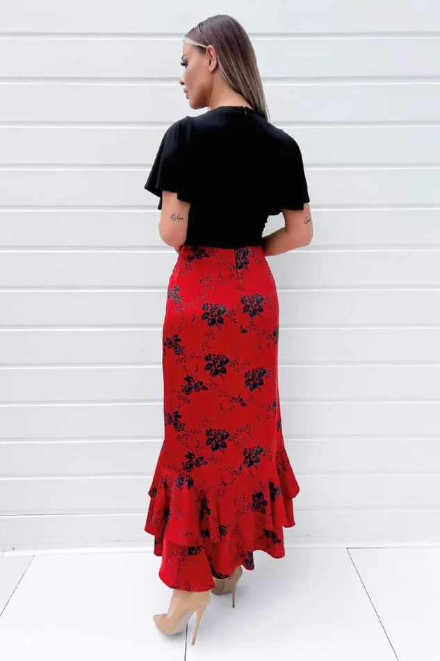 AX Paris Black And Red 2 In 1 Floral Printed Wrap Midi Dress Dresses