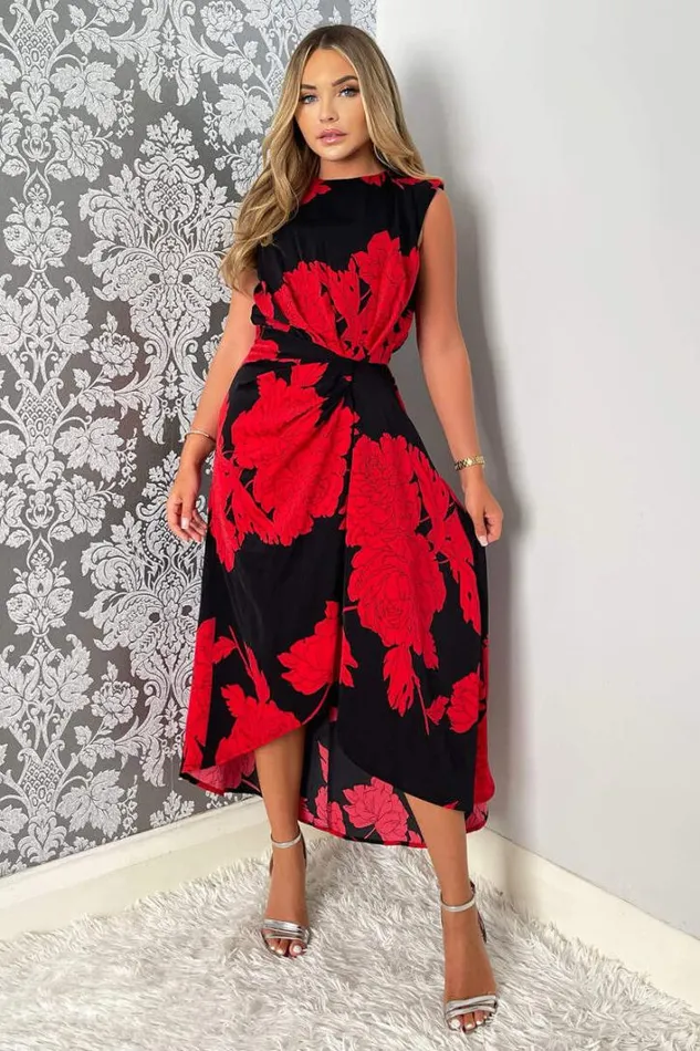 AX Paris Black And Red Floral Print Wrap Midi Dress Dresses