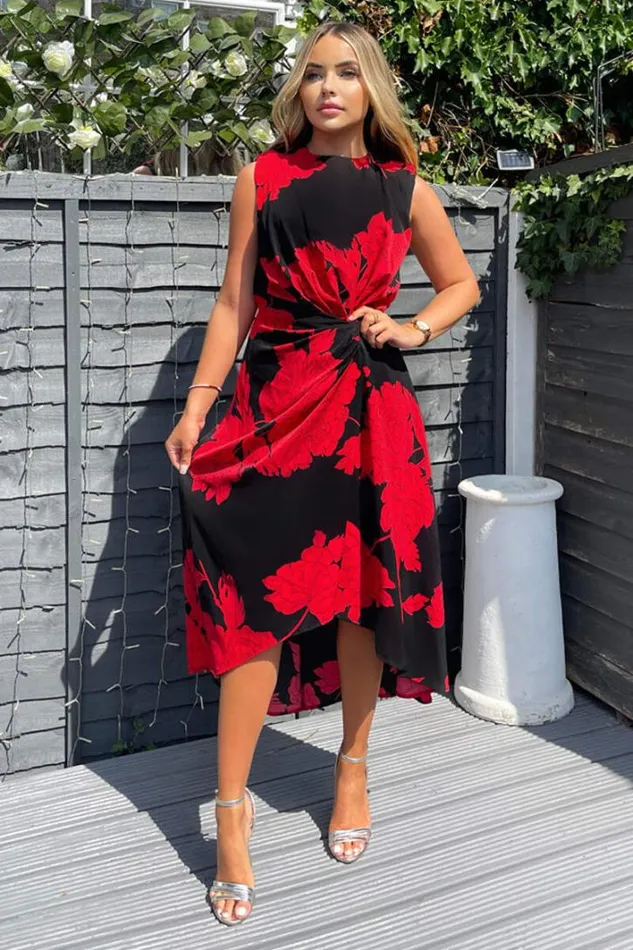 AX Paris Black And Red Floral Print Wrap Midi Dress Dresses
