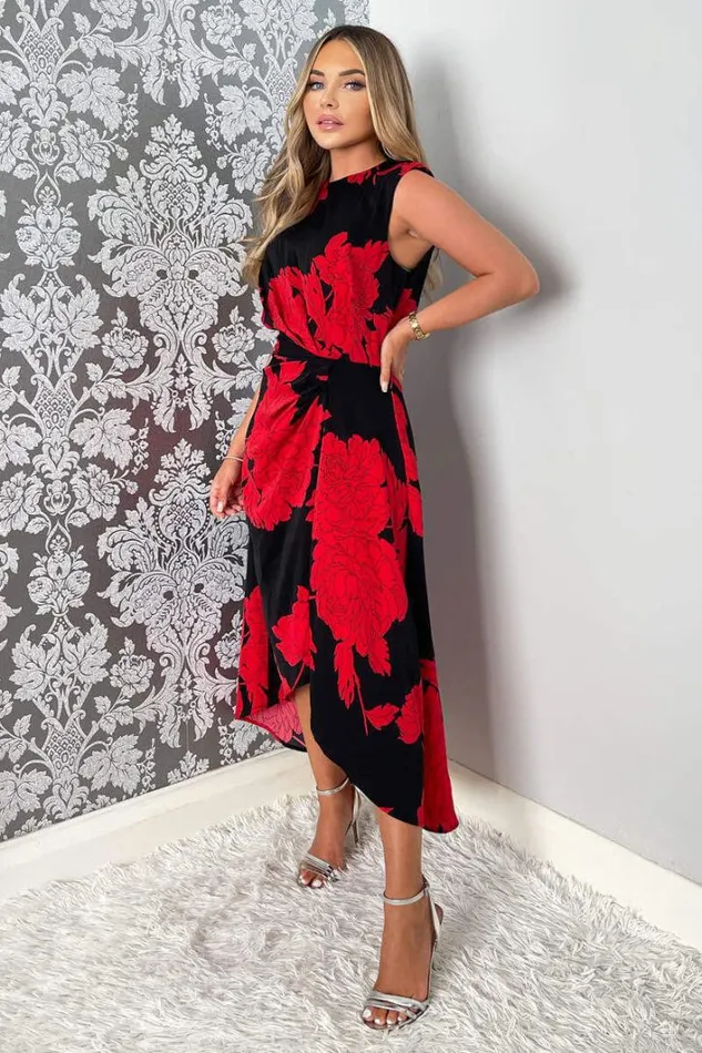AX Paris Black And Red Floral Print Wrap Midi Dress Dresses