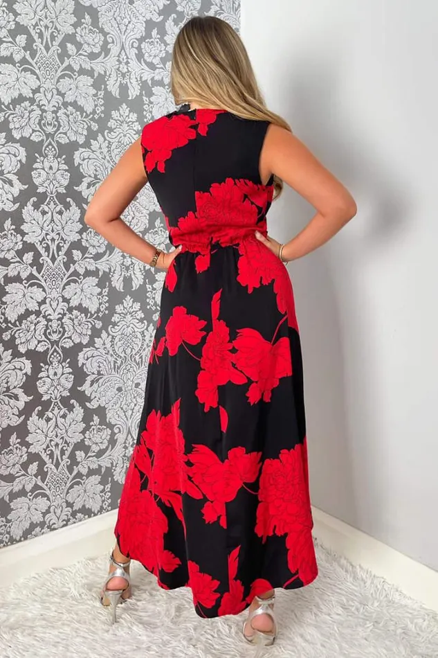 AX Paris Black And Red Floral Print Wrap Midi Dress Dresses
