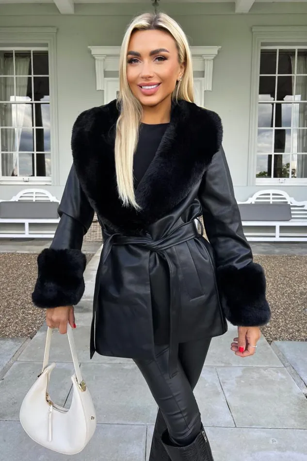 AX Paris Black Faux Fur Trim Leather Look Short Coat Coats and Jackets