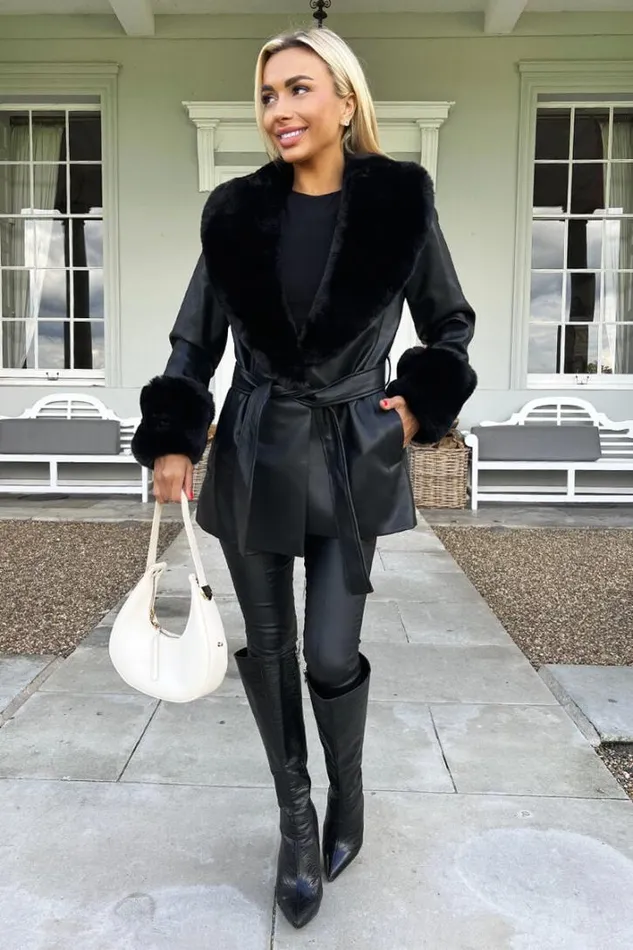 AX Paris Black Faux Fur Trim Leather Look Short Coat Coats and Jackets