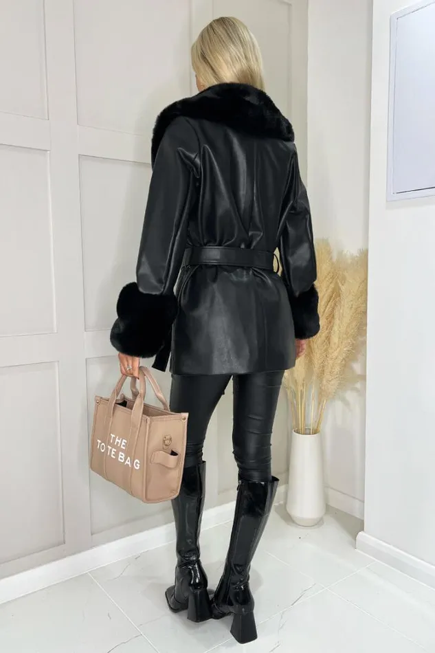 AX Paris Black Faux Fur Trim Leather Look Short Coat Coats and Jackets
