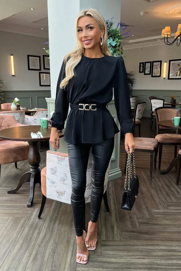 AX Paris Black Long Sleeve Belted Top Tops