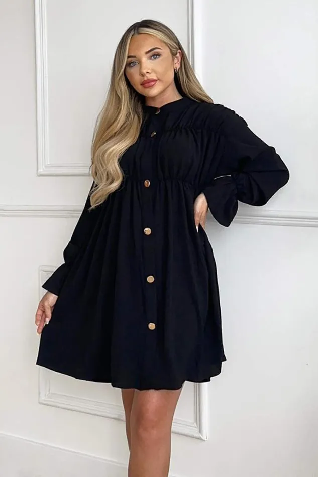 AX Paris Black Long Sleeve Gathered Detail Button Front Dress Dresses