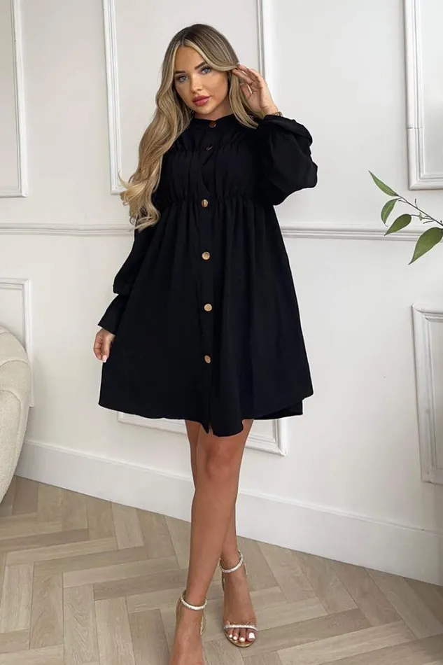 AX Paris Black Long Sleeve Gathered Detail Button Front Dress Dresses