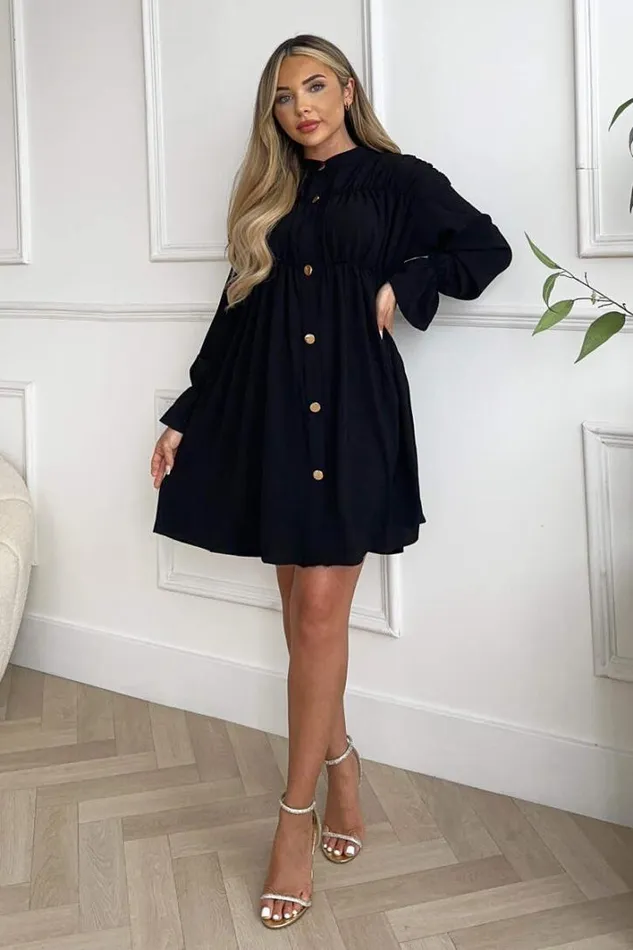 AX Paris Black Long Sleeve Gathered Detail Button Front Dress Dresses