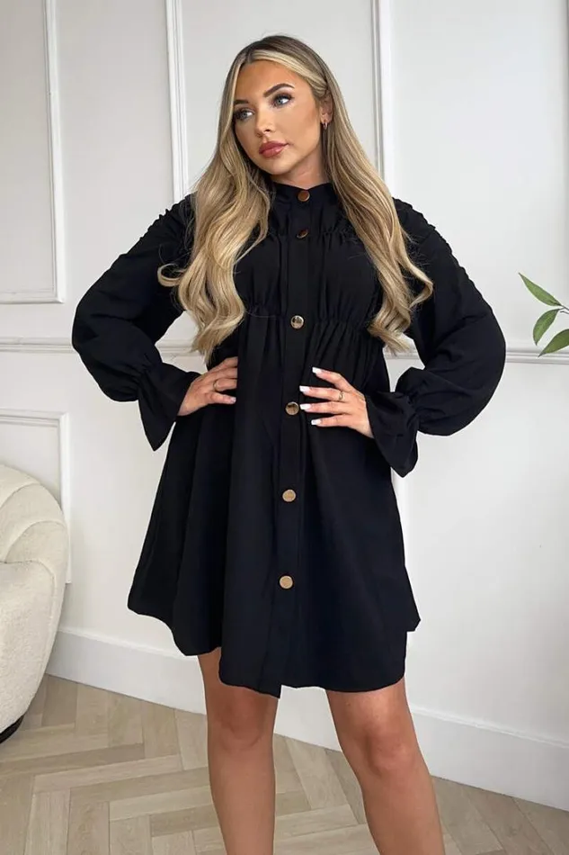 AX Paris Black Long Sleeve Gathered Detail Button Front Dress Dresses