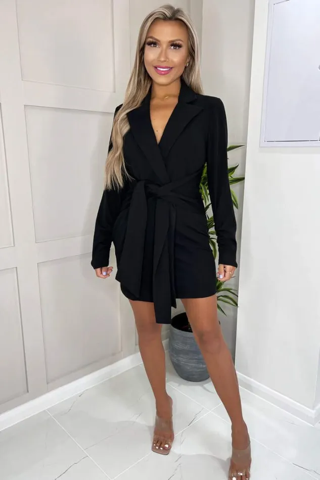AX Paris Black Wrap Over Tie Waist Blazer Mini Dress Dresses