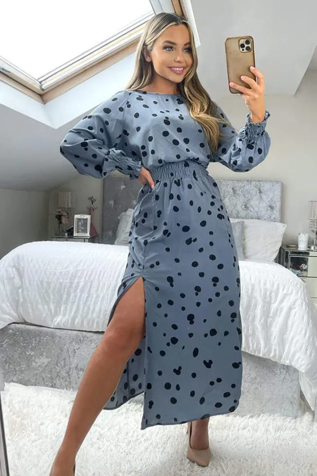 AX Paris Blue Dot Printed Elasticated Waist Midi Dress Dresses