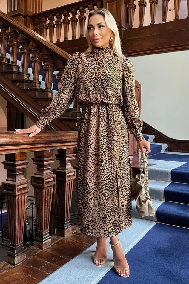 AX Paris Camel Animal Print High Neck Long Sleeve Midi Dress Dresses